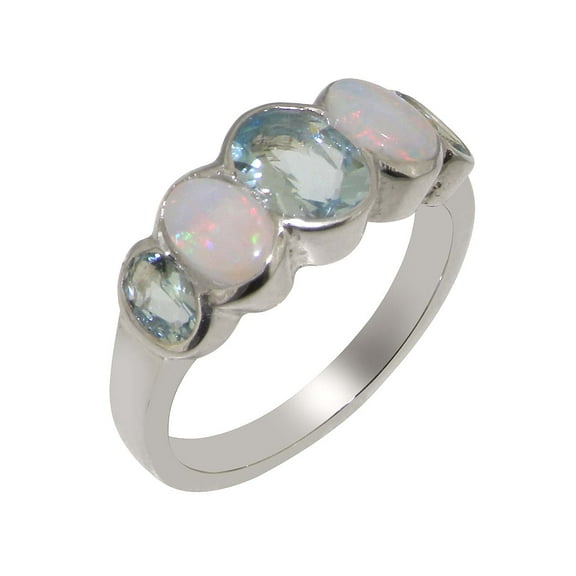 LBG British Made 925 Sterling Silver Natural Aquamarine & Opal Womens Band Ring - 33 size options - Size 10