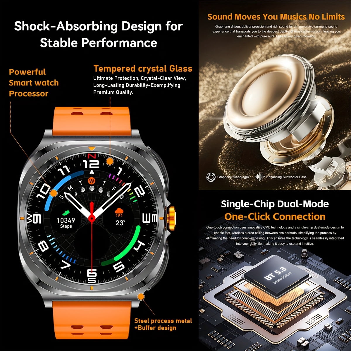 General 2025 New Smart Watch with Built-in Earphones, 1.53" HD Screen, Wireless Call, NFC, HiFi Sound, 400mAh Battery, 100+ Sports Modes, 2-in-1 Music Watch
