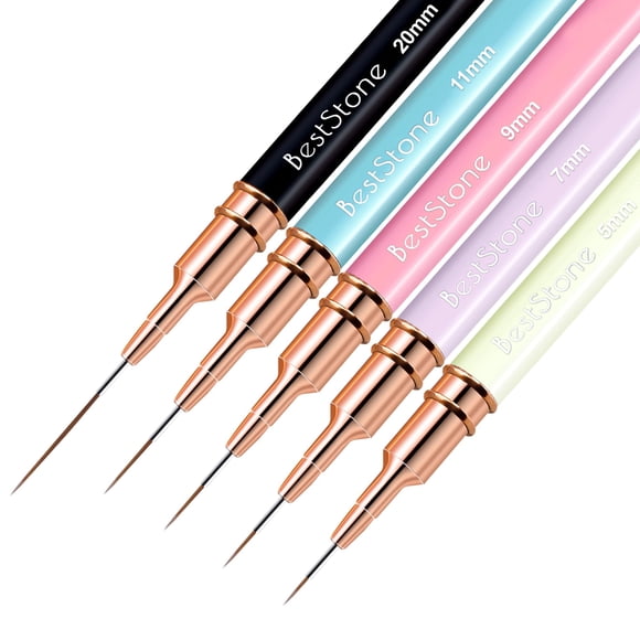 Pinceles para delinear uñas, 5 piezas, juego de bolígrafos de diseño artístico para pintura de esmalte de gel profesional para líneas largas, detalles finos, tamaños de dibujo fino 5/7/9/11/20 mm, dis