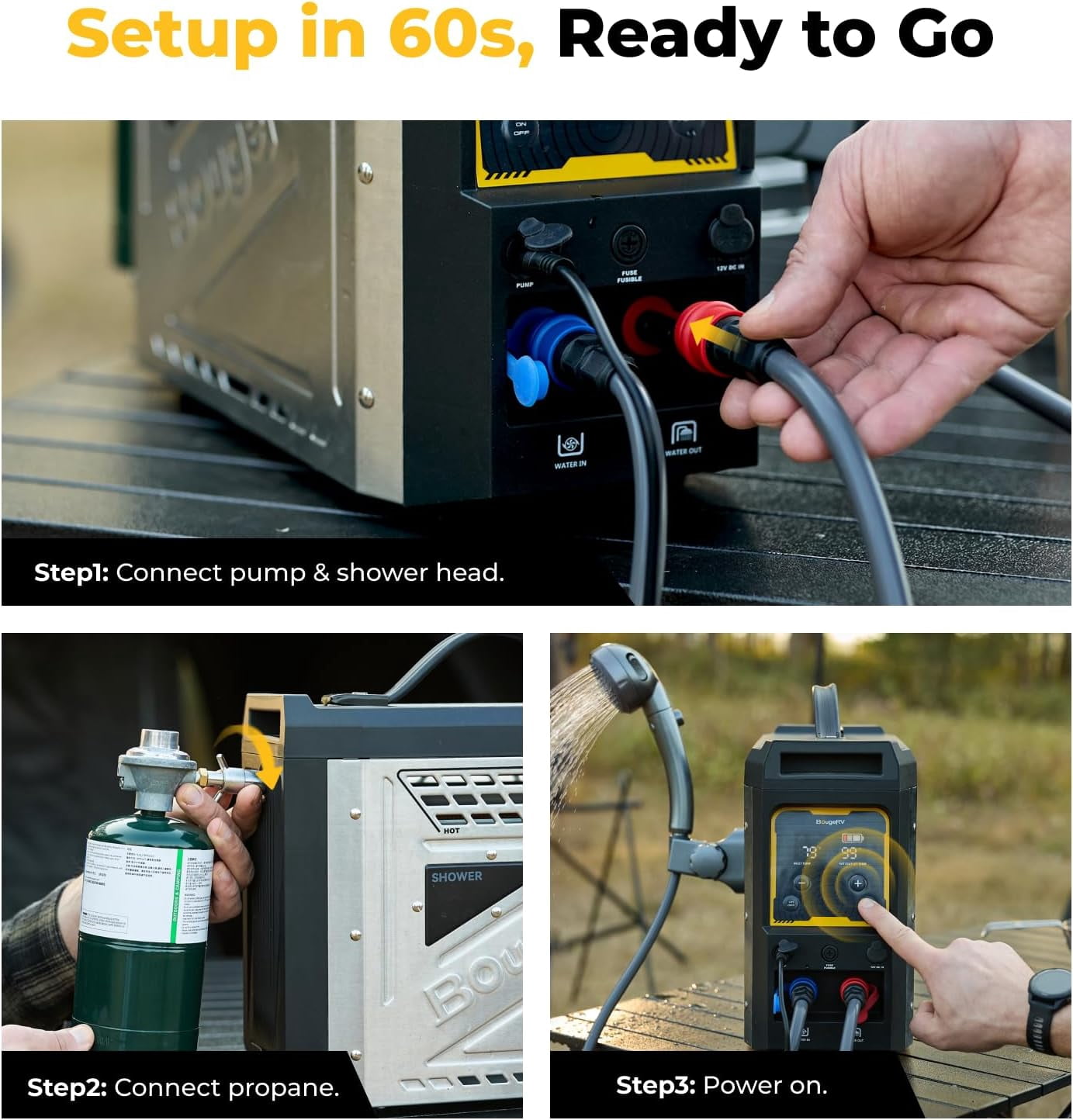 BougeRV Portable Propane Water Heater for Camping RV Outdoor,Built-in battery, w/Water Pump & Showerhead, Overheating Protection
