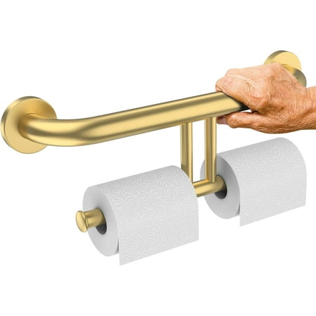 17 Inch Grab Bar w/Double Toilet Paper Roll Holder Gold, ZUEXT Stainless Steel Shower Support Balanced Support Handle, Wall Mounted Safety Handrail Grab Rail for Elderly Senior Handicap Disabled