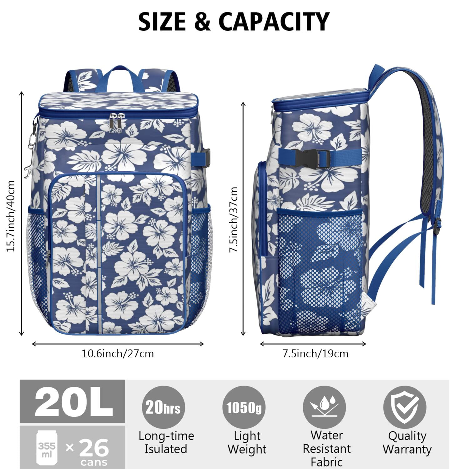Travel Cooler Bag - Pioneer Flower Floral Print Pattern Camping Beer Cooler Backpack with Bottle Opener- Waterproof Insulated Picnic Backpacks - Cooler Bag for Beach