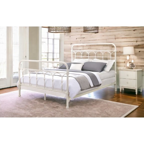 Full Size Metal Platform Bed Frame with Spindle Headboard No Box Spring Needed White Bedroom