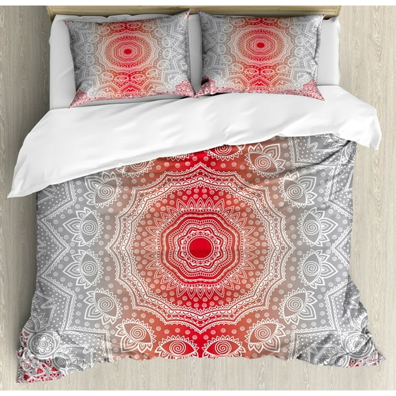 Ethnic Duvet Cover Set, Eastern Cultural Folk and Mystic Boho Ombre Mandala Art Design Illustration, Decorative 3 Piece Bedding Set with 2 Pillow Shams, Calking Size, Grey Red, by Ambesonne