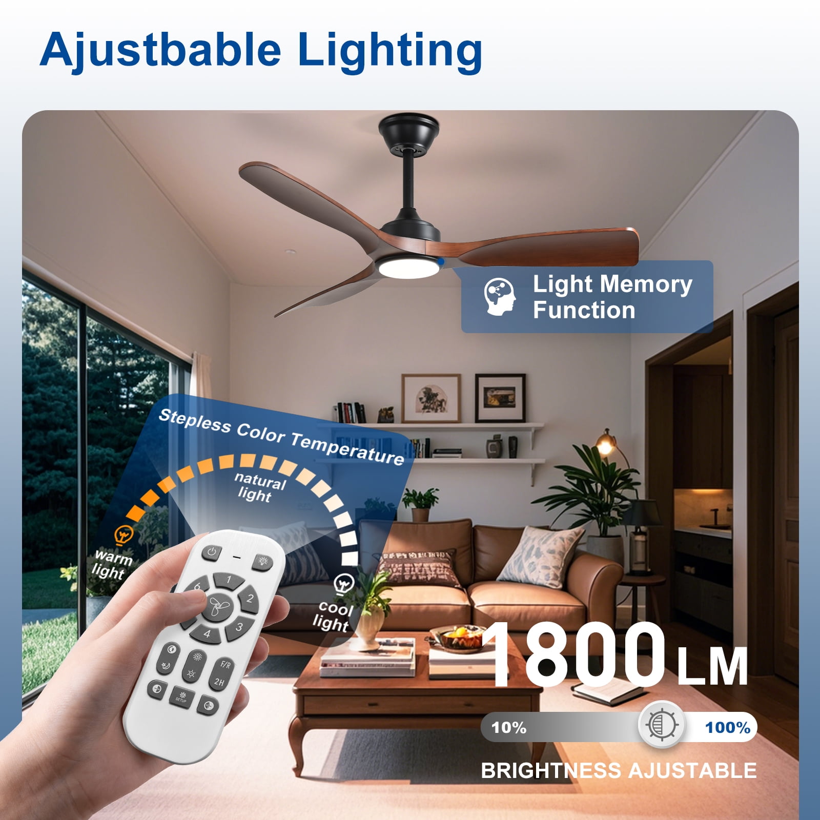 42-Inch Walnut Ceiling Fan with Light: Indoor/Outdoor Use Hanging Fan, Remote & APP Control, High Efficiency with Quiet DC Motor, Timer Function