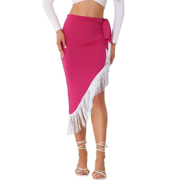 Falda Bodycon con Flecos Inspire Chic para Mujeres, Falda Midi con Cintura Ajustable y Arrugas Asimétricas, Color Rosa Fucsia, Talla M