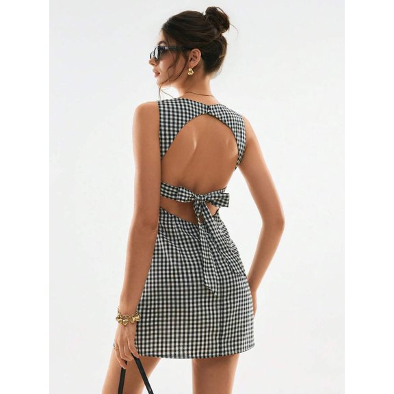 Black And White Gingham Backless Sleeveless Mini Dress With Tie Waist