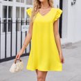 thumbnail image 4 of Wycnly Dresses for Women Casual Ruffle Sleeve Lightweight Swing Tunic Tshirt Dresses V-Neck Short Sleeve Solid Summer Mini Formal Dress Yellow XXL, 4 of 7