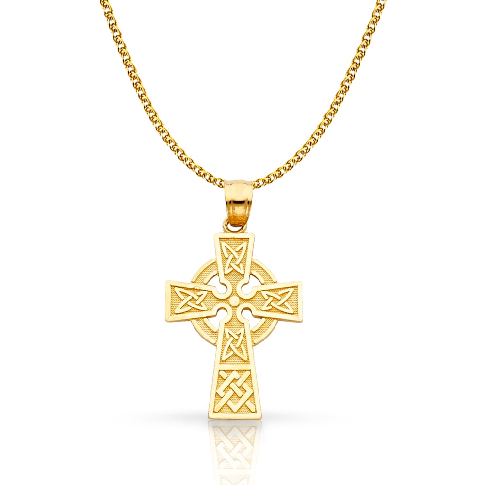 Ioka 14K Yellow Gold Celtic Cross Pendant with 1.5mm Flat Open Wheat