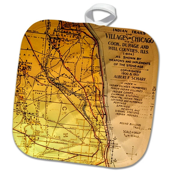 3dRose, 1804 Map of Chicago Illinois with Indian Village Names , 8x8 Potholder