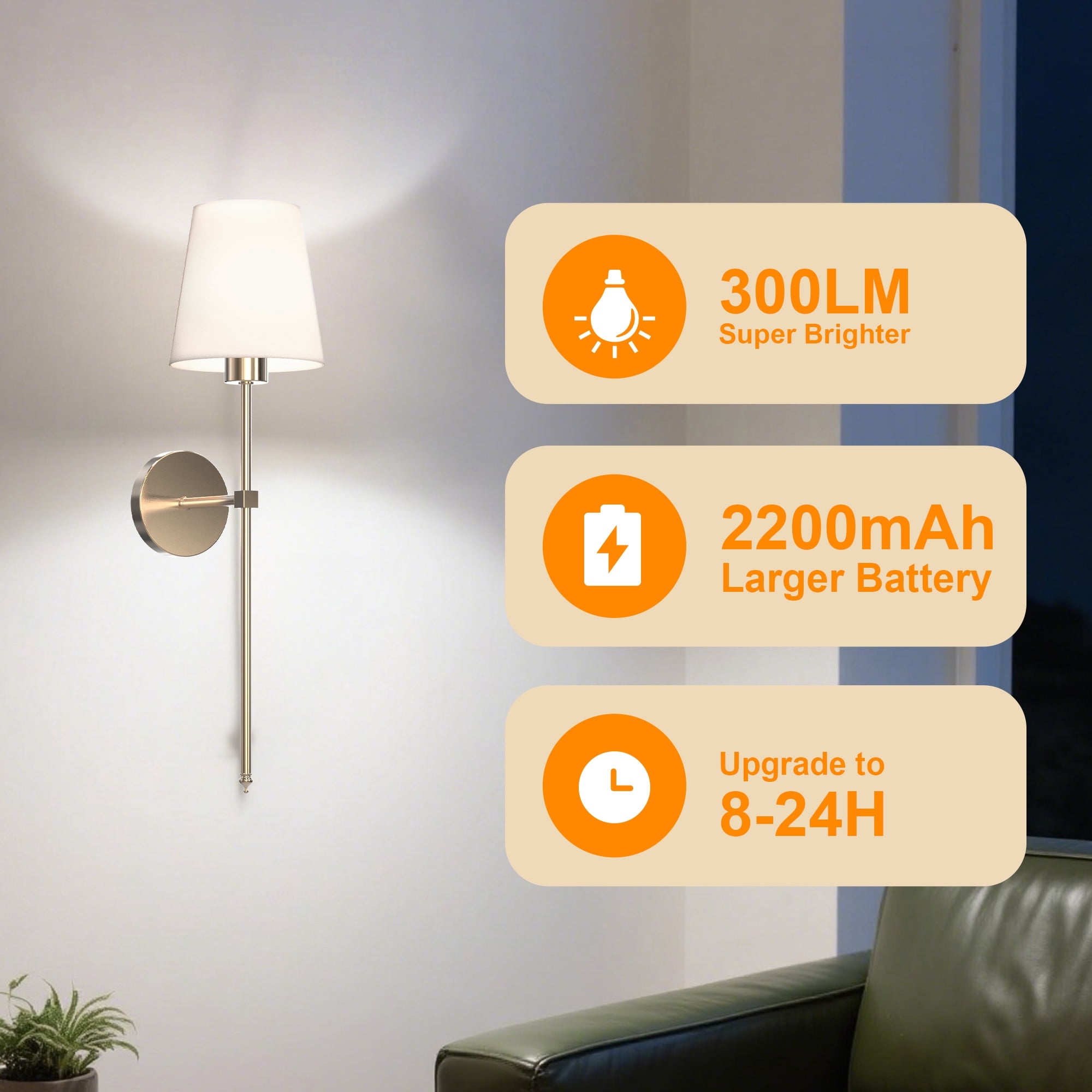 DAYBETTER Battery Operated Wall Sconces Set of 2, Wireless Rechargeable Hallway Light with Remote, 3 Color Temps Dimmable Lamp for Living Room