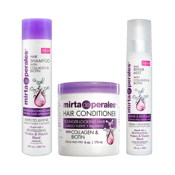 Mirta de Perales Collagen and Biotin Set. Hair Repair, Thickening and Strengthening. Shampoo (10 oz)   Conditioner (6 oz)   Hair Repair Mist (5 oz)