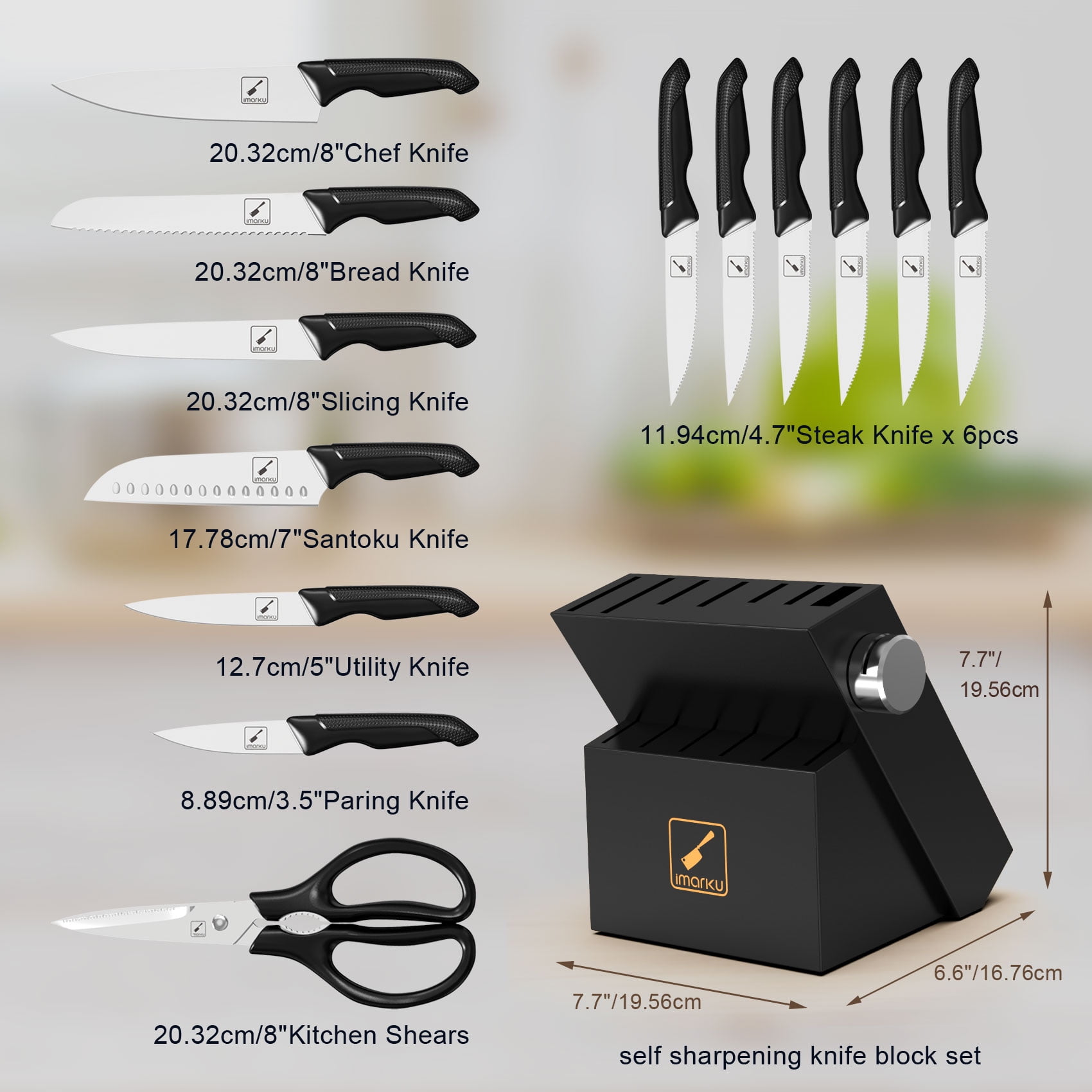 imarku Knife Set with Block, Sharp Knife Set with Built-in Sharpener, Stainless Steel Kitchen Knife Set with Non-Slip Ergonomic Handle, Dishwasher Safe, 14 PCS Professional Knife Set for Gift, Black