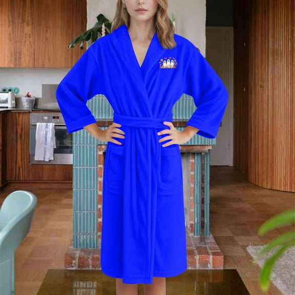 Voncos Women's Soft Flannel Robe with Pockets, Shawl Collar Cozy Plush Knee Length Bath & Loungewear Blue L