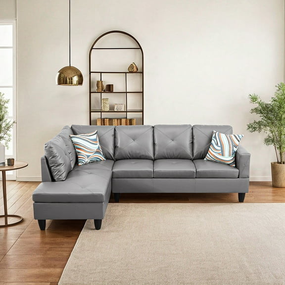 Hommoo L Shaped Sectional Couches and Sofas, 4-Seat Faux Leather Sectional Sofa Sets, Modern Living Room Furniture Sets, 16' Back Height, Dark Grey(No Ottoman)