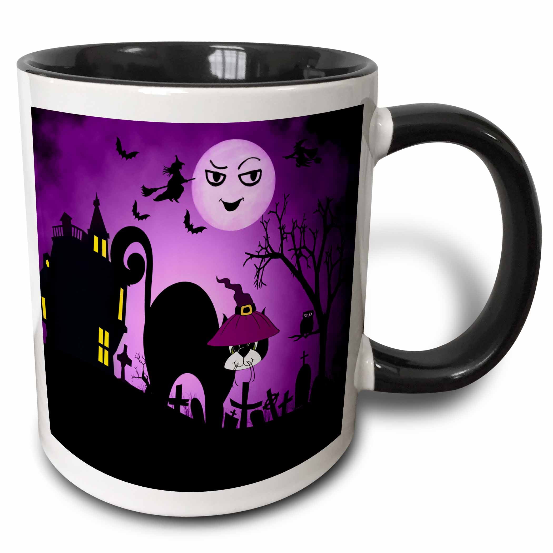 3dRose Black Cat in a Witches Hat a Laughing Moon Purple