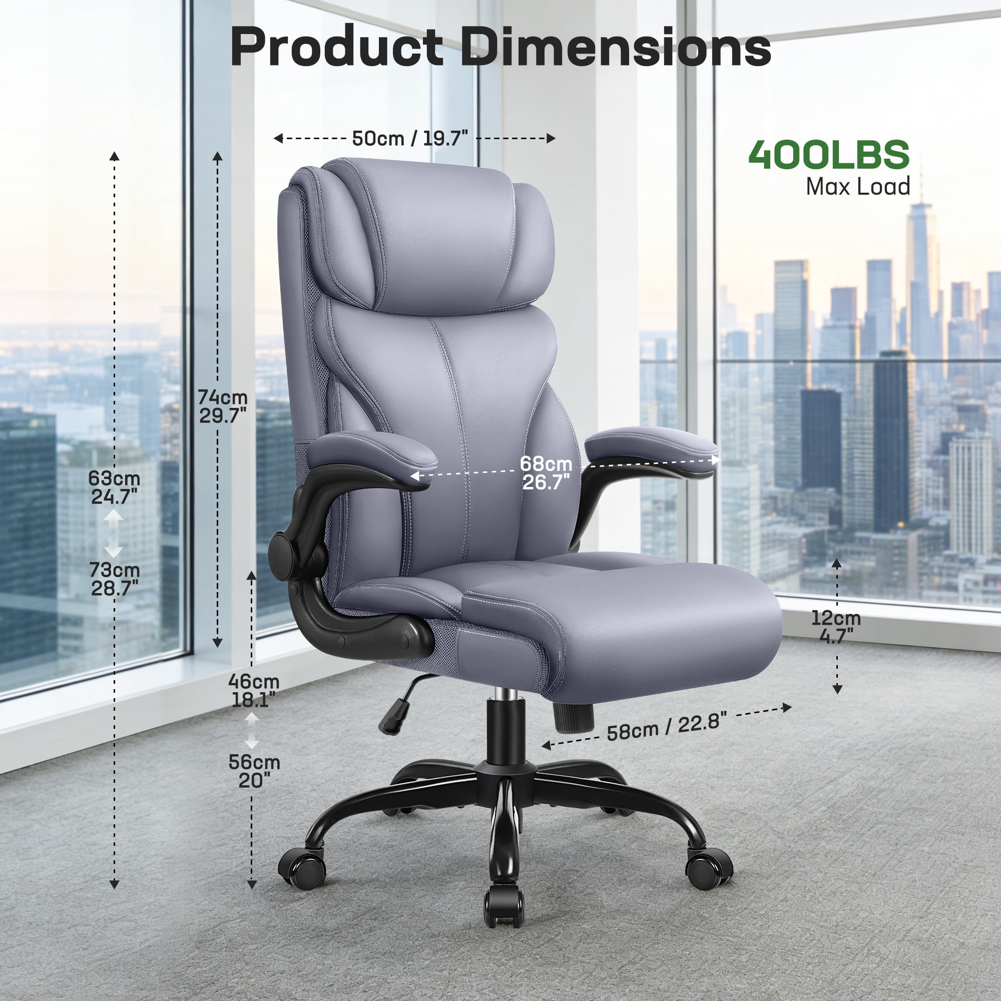 ATHOPE Leather Office Chair, Big and Tall Office Chair with Lumbar Support, High Back Executive Desk Chairs with Flip-up Armrest, Breathable PU Ergonomic Computer Chair, 360°Swivel Free, Gray