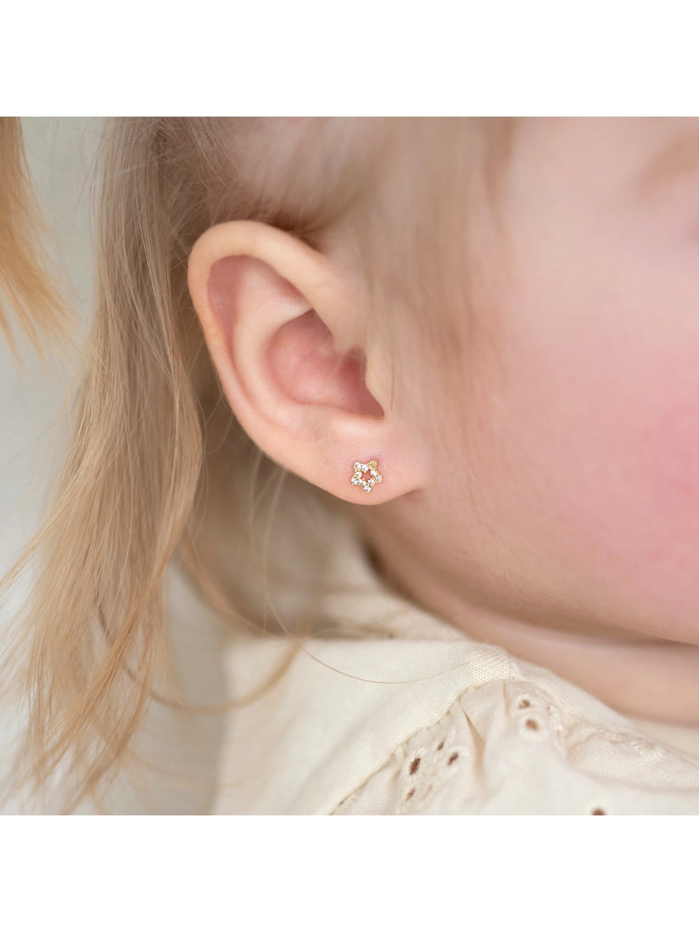 14k Gold CZ Encrusted Star Clear Baby / Kids Earrings Safety Screw Back
