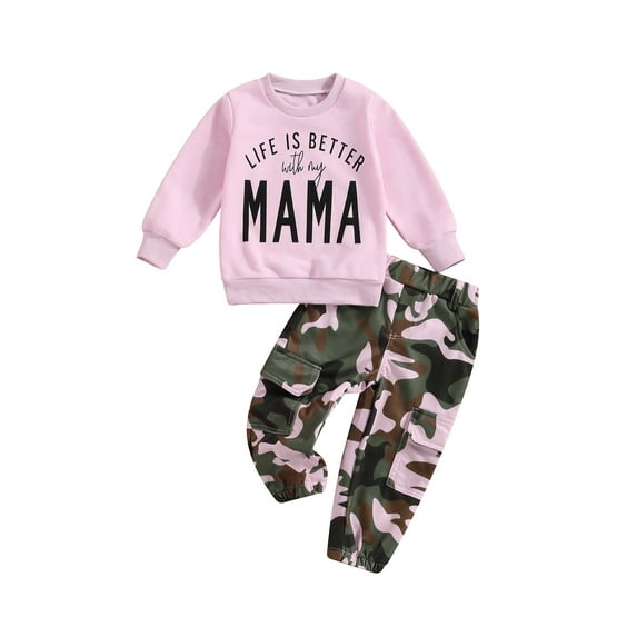 Infant Baby Girl 2Pcs Fall Clothes Long Sleeve Life Is Better with my MAMA Print Sweatshirt + Camouflage Pants Set Toddler Outfits