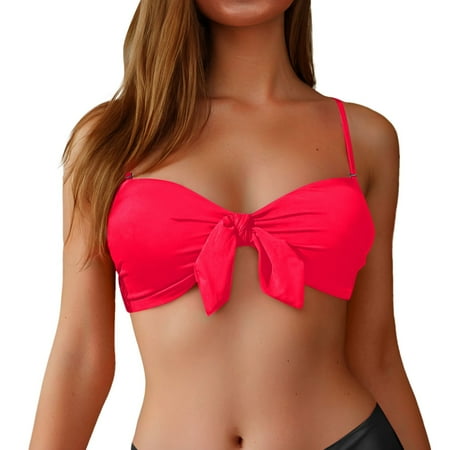 Women s Strapless Bandeau Bikini Top with Detachable Shoulder Straps for Swimsuits Red M
