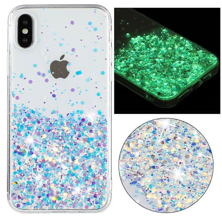 Luminous Case for iPhone XS / iPhone X, Glow in the Dark Fluorescent Glitter Case for Women Girls, Bling Sparkle Lightweight Slim Shockproof Protective Phone Cover for iPhone XS / iPhone X, White