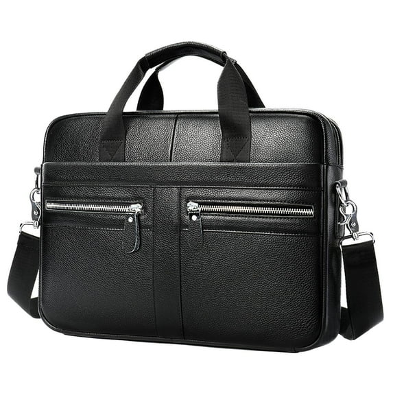 Men Briefcase Leather Handbag Laptop Bag 15 Inch mens Business Leather Shoulder Bag Office Travel Work - Black