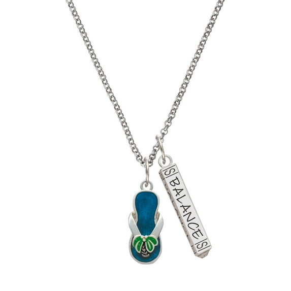 Delight Jewelry Silvertone Tropical Blue Flip Flop with Palm Tree Silvertone Balance Bar Charm Necklace, 23"