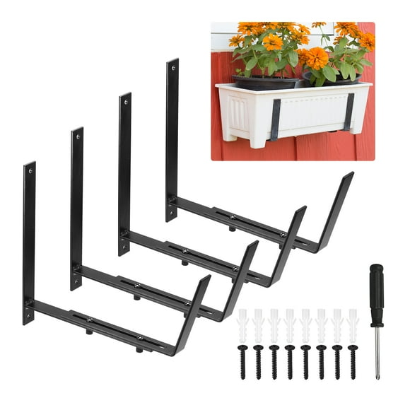 Unique Bargains Adjustable Window Planter Box Brackets Universal Window Box Holder, Iron Flower Box Wall Mounting Hooks (4 PCS)
