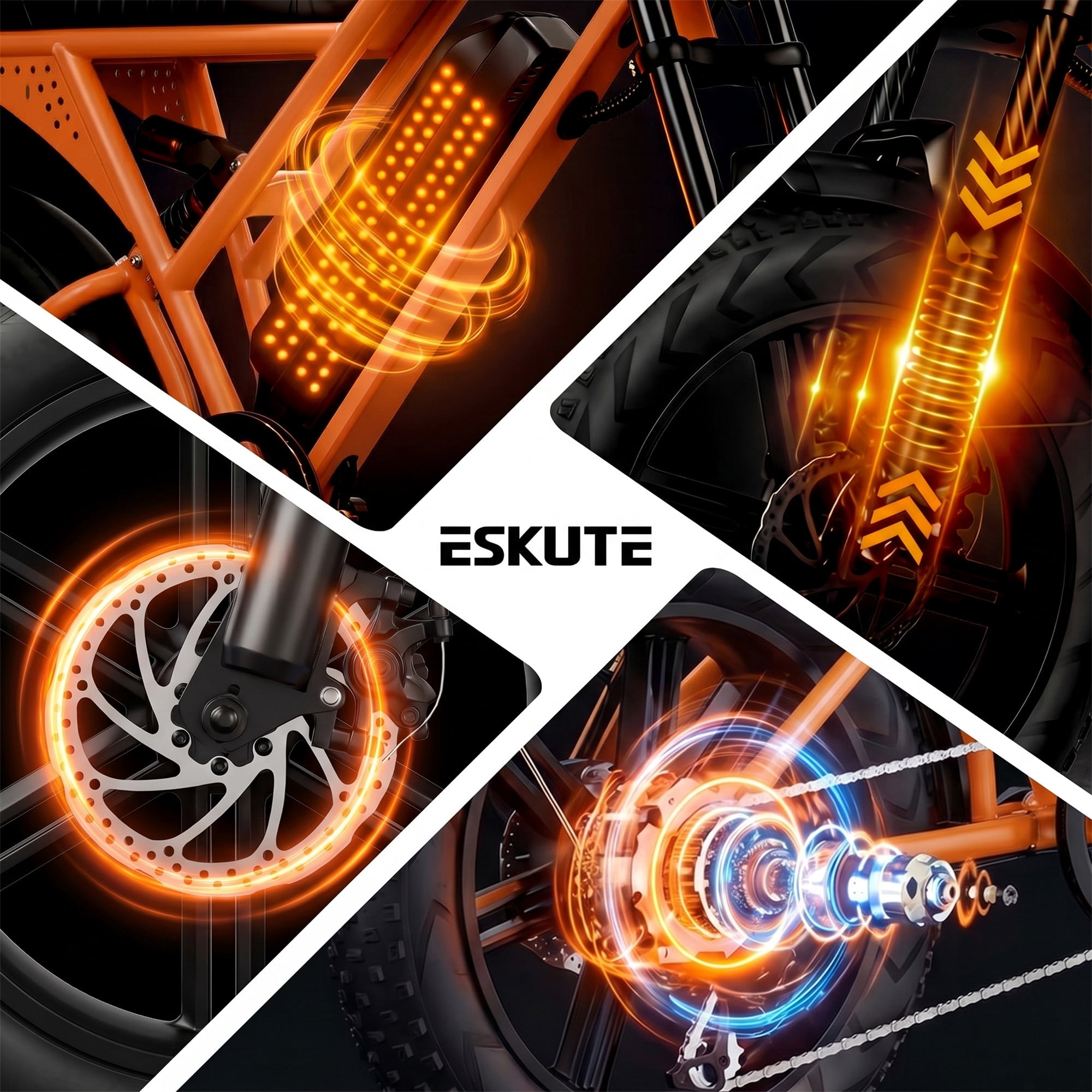 ESKUTE V100 Electric Bike for Teens Adults Students, 750W 28 Mph 48V 13 Ah,16"x4.0" Fat Tire E Bicycle, 7-Speed Dual Suspension Mountain EBike Orange with Phonebag & Lock, UL2849