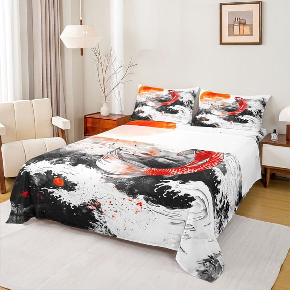 Castle Fairy Teens Female Men Animal Koi Fish Twin Sheet Sets,Ocean Waves Bedding