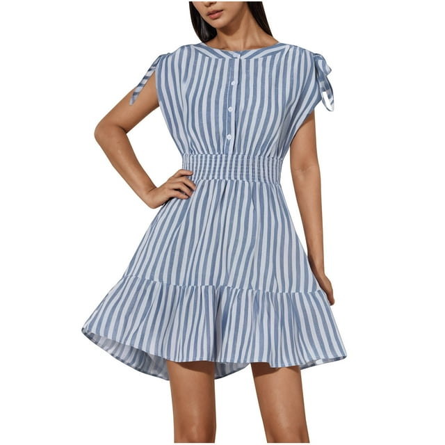 Vestido de Impresión de Rayas de las Mujeres, Cuello Redondo sin Mangas con Hebilla Decorativa de Correa de Hombro Y Cintura Elástica, Vestido Ligero