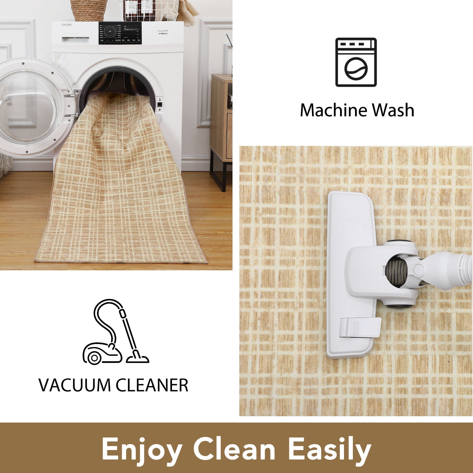 Aoile 10' x 13' Washable Area Rug, Modern Plaid Rug, Soft Faux Wool Rug Non-slip Low Pile Accent Small Rug for Bathroom Bedroom Kitchen Laundry, Yellow