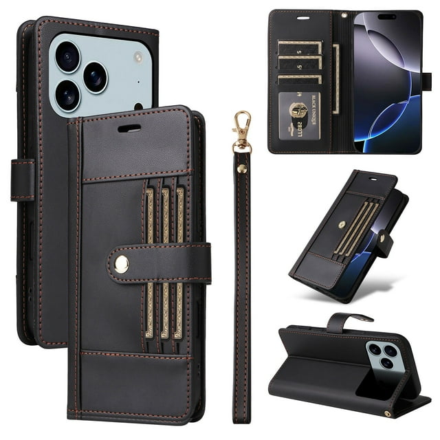 FOXDOCK Funda tipo Cartera para iPhone 17 Pro Max – Cubierta de Cuero PU con Múltiples Ranuras, Bolsillo para Efectivo y Correa de Muñeca