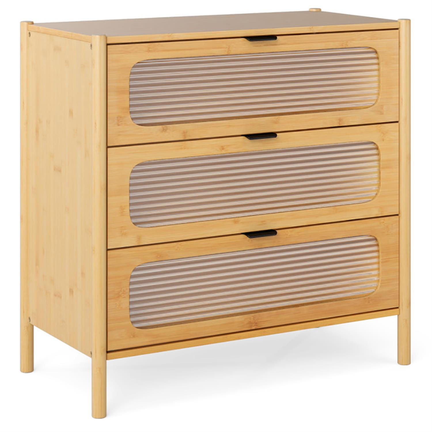 Demi Bonn 3 Drawer Dresser for Bedroom, Modern Storage Cabinet with Reeded Tempered Glass Front, Bamboo Chest of Hallway, Entryway, Beige