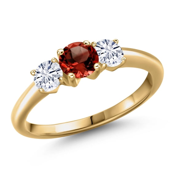 Gem Stone King 18K Yellow Gold Plated Silver Red Garnet and White Moissanite Engagement Ring for Women | 1.01 Cttw | Round 5MM | Gemstone January Birthstone | Size 9