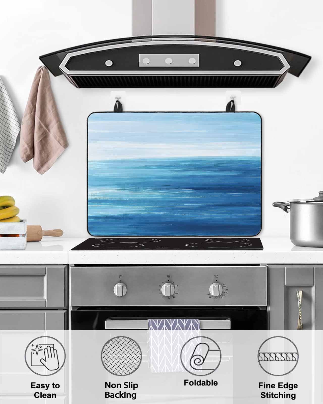 nqOlkjepod Large Induction Cooktop Protector Mat 24"x21", Blue Coastal Wave Stove Top Covers for Electric Stove, Summer Nautical Oil Painting Ocean Stove Burner Cover Mats, Glass Top Stove Cover