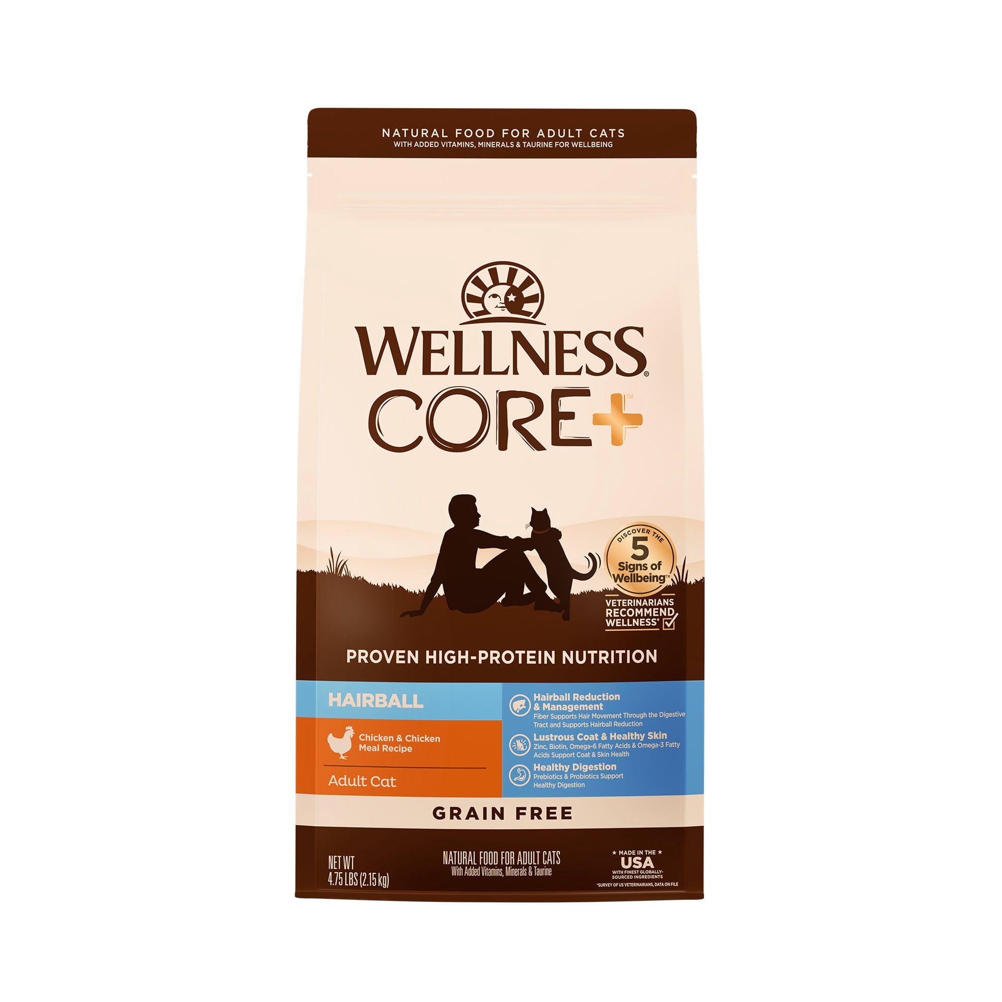 Wellness CORE+ Hairball Grain Free Chicken & Chicken Meal Recipe Adult Dry Cat Food, 4.75 lbs.