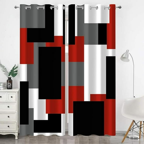 Red Black Grey Blackout Curtains, Abstract Geometric Modern Blackout Curtains For Bedroom Living Room Darkening Window Drapes 42"W x 108"L (Pack of 2)