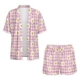 thumbnail image 4 of FKEKYI Women's Short Set 2 Piece Summer Outfits Open Front Shirt Top & Shorts with Elastic Waistband Daisy Flower Pink Plaid Print Soft Beachwear Causal Lounge Set Resort Wear, L, 4 of 7