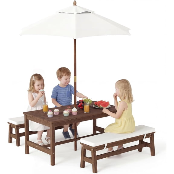 OLAKIDS Kids Picnic Table, Outdoor Wooden Bench Set with Removable Cushions Adjustable Foldable Umbrella, Toddler Backyard Furniture for Patio Garden