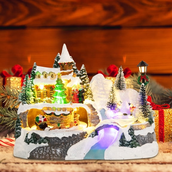 Christmas Village Scene Decor, Light Up Musical Winter Snow Town with Rotating Santa Sleigh & Skating Figures,Holiday Collectible Ornament for Christmas Decor & Gift