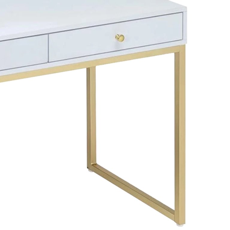 Aupodin Farmhouse Rattan 39.4 in. Retangular White/Gold Wood Computer Desk Writing Desk with 2-Drawer and Side Storage, White and Gold