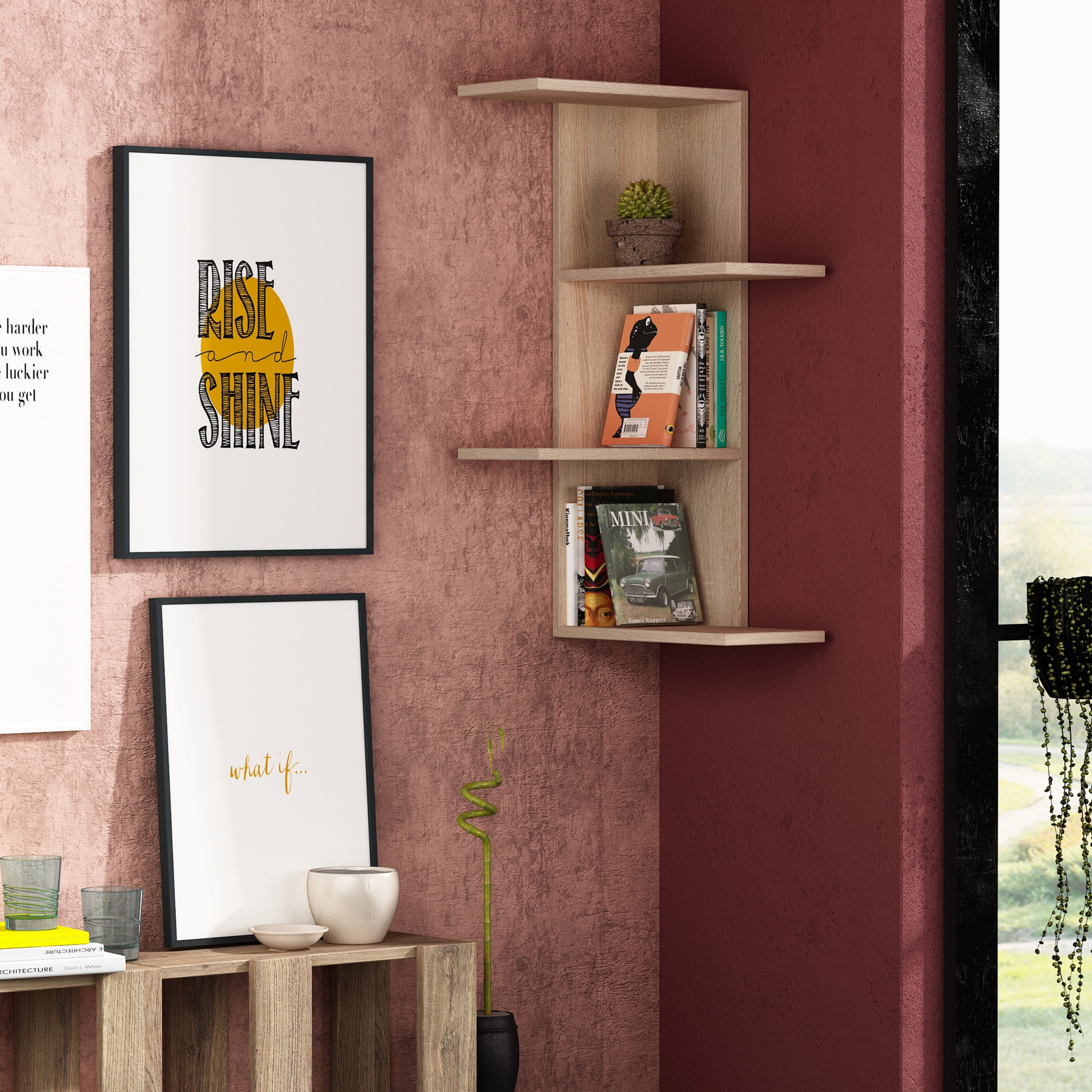 Ada Home Decor Furniture 16.54" 3 Tier Oak Bowcott Modern Wall Shelf