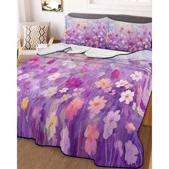 Purple Spring Floral Twin Size Down Alternative Comforter, Lightweight Comforter Quilt Bedding Set with Pillow Shams Summer Daisy Botanical Oil Painting All Seasons Bed Comforter Duvet Insert 68"x86"