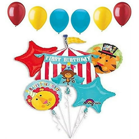 Circus Monkey Lion Tiger Tent 1st First Birthday Party 11 Piece Mylar Latex Balloons Set