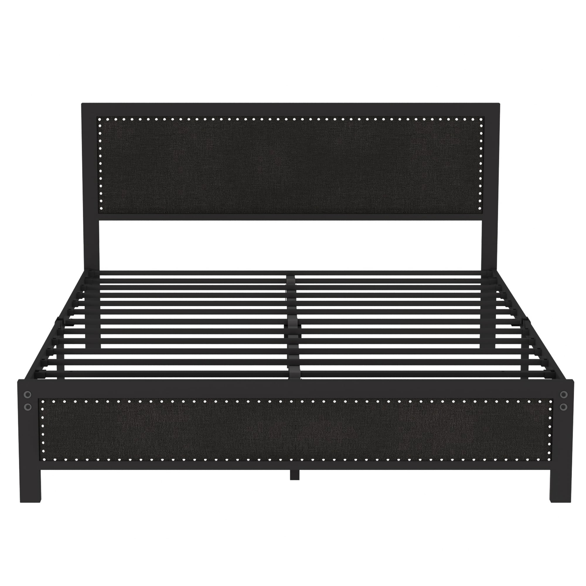 VECELO Queen Size Bed Frame Metal Platform Bed with Upholstered Headboard, No Box Spring Needed, Black