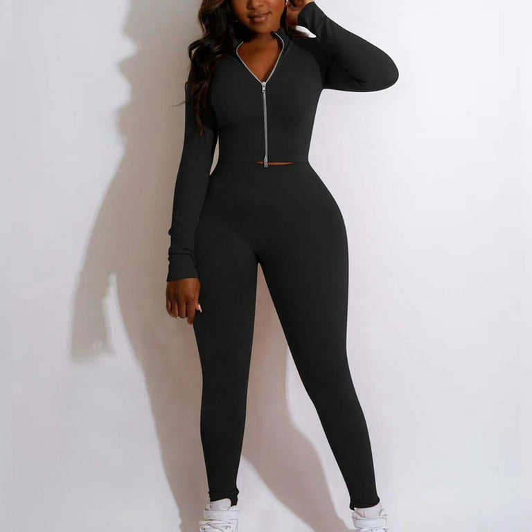 JDEFEG Two Piece Jacket and Pants Set for Women Women s Tracksuit Autumn and Winter New Fashionable Solid Color Double Zipper Top and Pants Casual Two Piece Set Pantsuit for Women Party Black