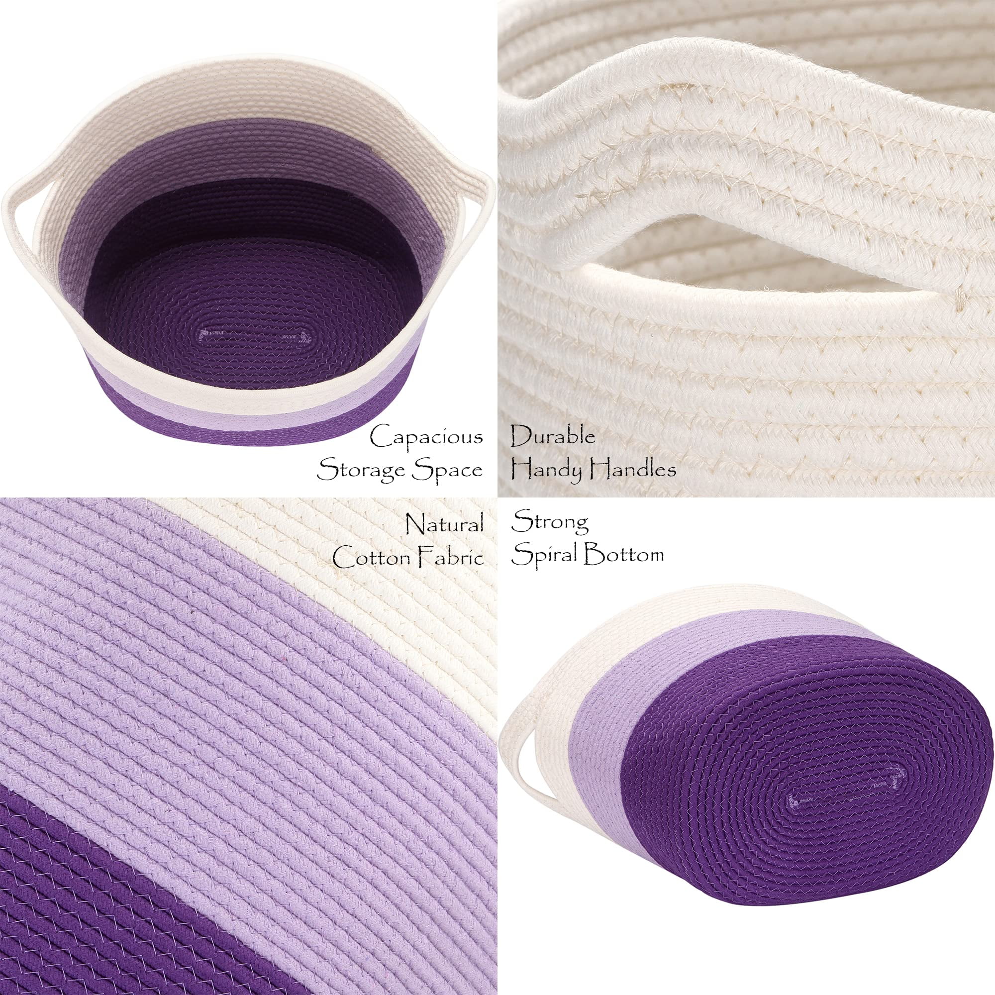 Sea Team Oval Cotton Rope Woven Storage Basket with Handles, 16 x 13 inches, White & Lavender
