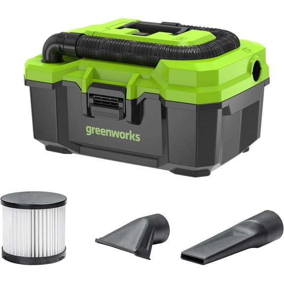 Greenworks 24V Brushless 3 Gallon Cordless Wet/Dry Shop Vacuum with with Hose, Crevice Tool, Floor Nozzle, 4.0Ah Battery and Charger Included
