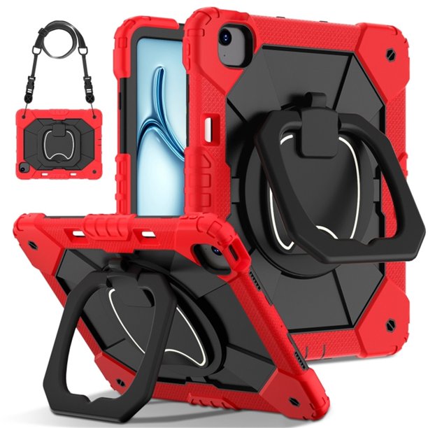 Funda Resistente a Golpes para iPad Air 13 2025 / 2024, Funda Protectora de Silicona Anti-caída + Capa de PC con Soporte de Asa Cuadrada Giratoria de 360° y Correa para el Hombro, Rojo